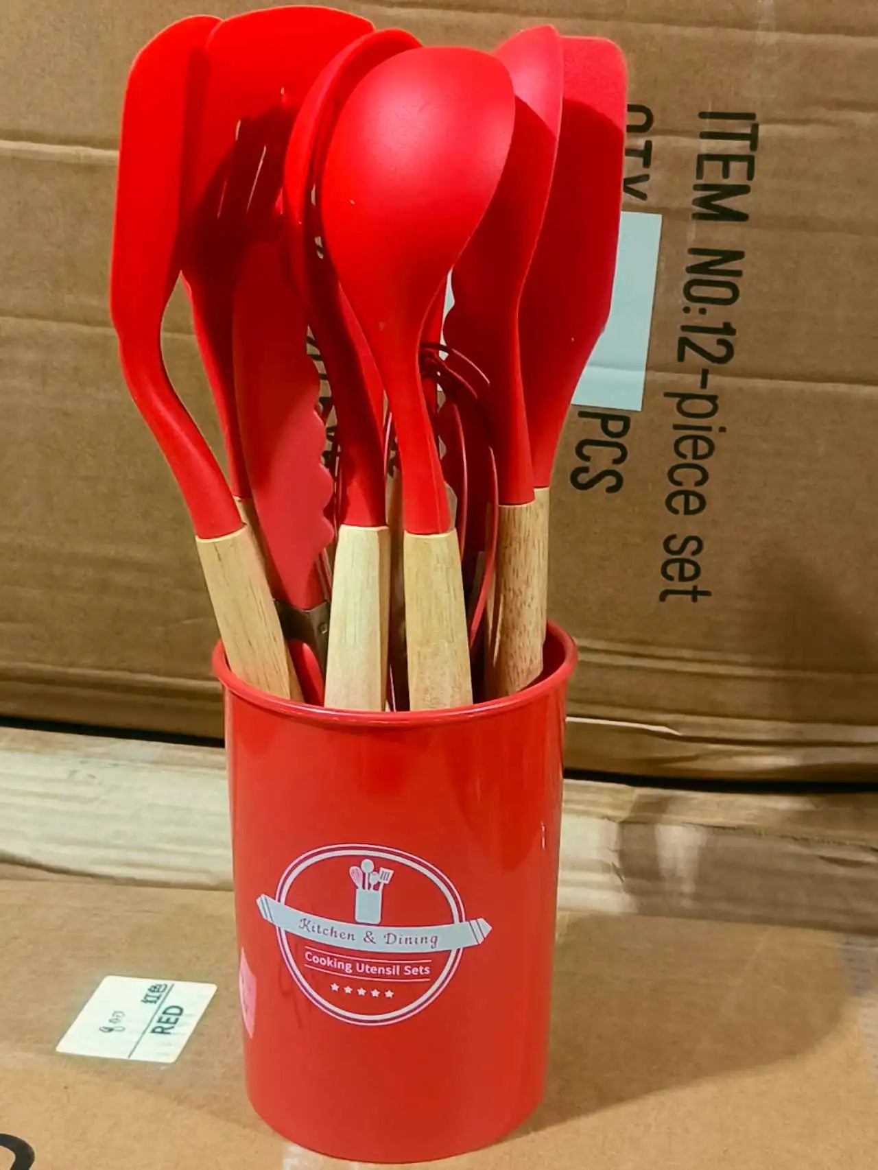 Jogo de Cozinha Kit C/12 Peças de Silicone, Utensílios e Copo Suporte para Cozinha Cabo de Madeira Su